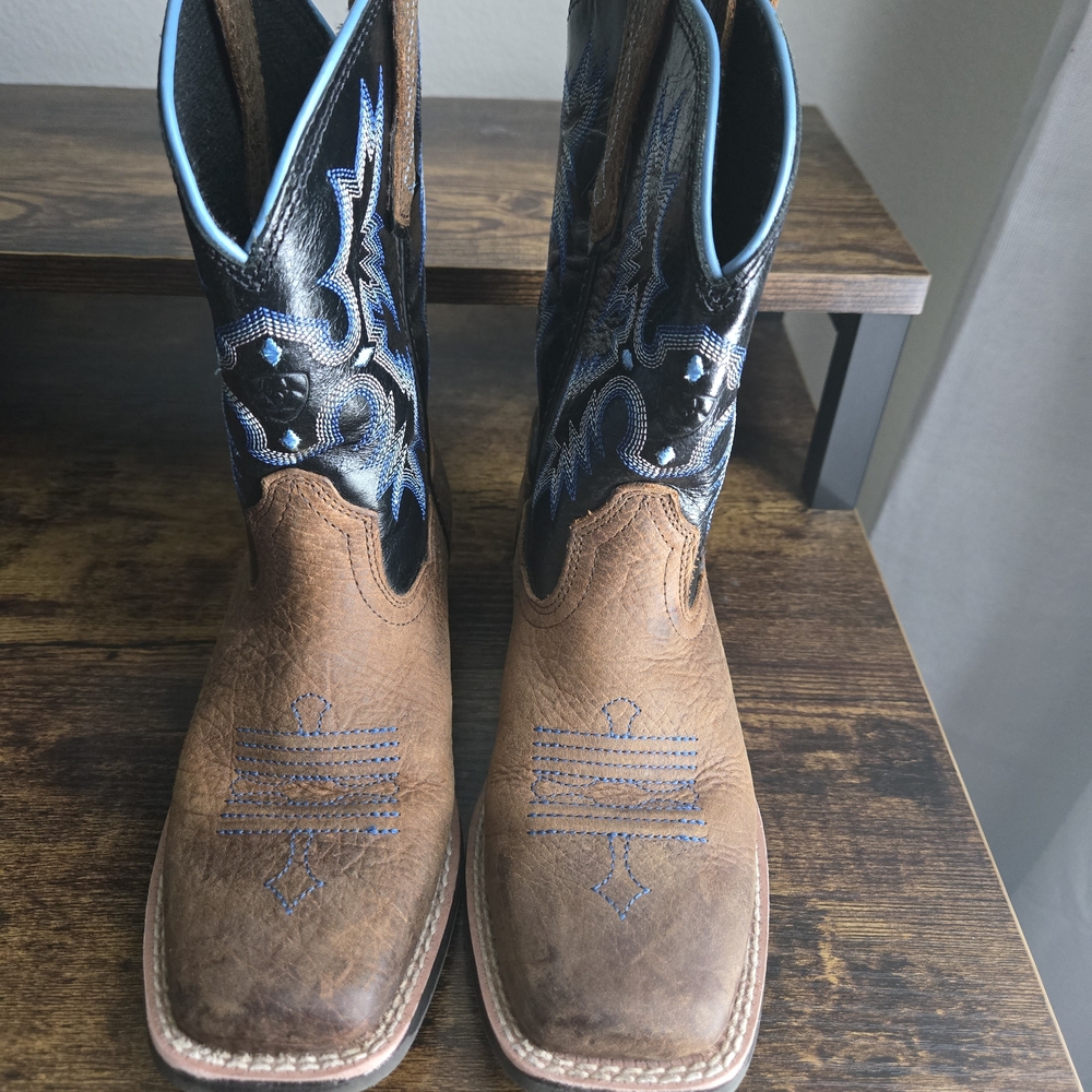 Ariat Boys Brown & Black Western Cowboy Boots with Blue Stitching
